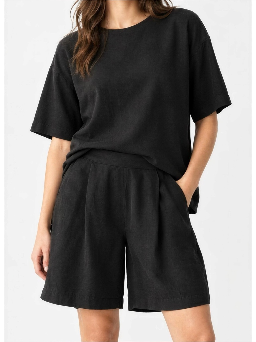 JAKI LONDON Penny Elastic Waist Linen-Blend Shorts, Black, Small